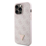 iPhone 15 Pro Max Kılıf Guess Orjinal Lisans PU Deri Askı Taşlı Üçgen Logo 4G Strass Crossbody Pembe
