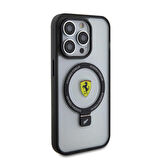 iPhone 15 Pro Max Kılıf Ferrari Magsafe Şarj Özellikli Standlı Buzlu Yüzey Dizayn Transparan Siyah