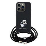 iPhone 15 Pro Uyumlu Kılıf Karl Lagerfeld Askı İpli K&C Metal Logo Orjinal Lisanslı Kapak Siyah