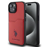 iPhone 15 Kılıf U.S. Polo Assn. Orjinal Lisanslı Baskı Logolu PU Kartlıklı Kapak Kırmızı