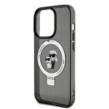 iPhone 15 Pro Kılıf Karl Lagerfeld Orj Lisans Magsafe Özellik K&C İkonik Baskılı Ring Standlı Siyah
