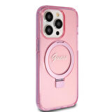 iPhone 15 Pro Uyumlu Kılıf Guess Orjinal Lisanslı Magsafe Özellikli Simli Ring Standlı Pembe