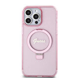 iPhone 15 Pro Max Uyumlu Kılıf Guess Orjinal Lisanslı Magsafe Özellikli Simli Ring Standlı Pembe