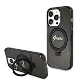 iPhone 15 Pro Uyumlu Kılıf Guess Orjinal Lisanslı Magsafe Özellikli Simli Ring Standlı Siyah