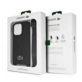 iPhone 14 Pro Kılıf Lacoste Orjinal Lisanslı PU Pike Desenli Askılı İkonik Timsah Dokuma Logo Siyah
