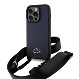 iPhone 14 Pro Kılıf Lacoste Orjinal Lisanslı PU Pike Desen Askılı İkonik Timsah Dokuma Logo Lacivert