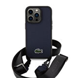 iPhone 14 Pro Kılıf Lacoste Orjinal Lisanslı PU Pike Desen Askılı İkonik Timsah Dokuma Logo Lacivert