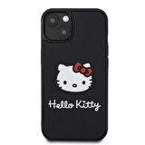 iPhone 15 Kılıf Hello Kitty Orjinal Lisanslı Yazı ve İkonik Logolu 3D Rubber Kitty Head Kapak Siyah