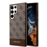 Galaxy S24 Ultra Uyumlu Kılıf Guess Lisanslı PU Deri Şerit Logo Dizaynlı Kapak Kahverengi