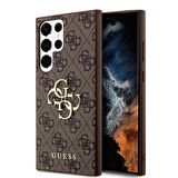 Galaxy S24 Ultra Kılıf Guess Lisanslı PU Deri Yazı ve 4G Metal Logolu Desenli Kapak Kahverengi