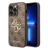 iPhone 14 Pro Uyumlu Kılıf Guess PU Deri Büyük Metal Logo Dizaynlı Kapak Kahverengi