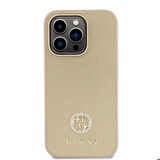 iPhone 14 Pro Max Uyumlu Kılıf Guess Orjinal Lisanslı Deri 4G Metal Logo Strass Kapak Gold