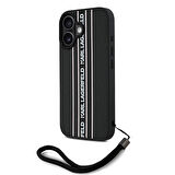 iPhone 16 Kılıf Karl Lagerfeld Orjinal Lisanslı Askılı Saffiano Athleisure Şerit Çizgi Siyah - Pembe