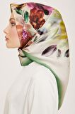 Armine Yeşil-Kahverengi Çiçek Desen Tivil İpek Eşarp 9133-03