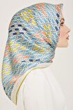 Armine Havacı Mavi-Yağ Yeşil Geometrik Desen Tivil İpek Eşarp 9144-85