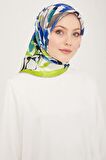 Armine Neon Yeşil-Lacivert Çiçek Desen Tivil İpek Eşarp 9153-81