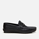 Erkek Deri Siyah Delikli Toka Detaylı Loafer