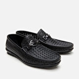 Erkek Deri Siyah Delikli Toka Detaylı Loafer