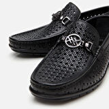 Erkek Deri Siyah Delikli Toka Detaylı Loafer