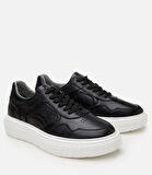 Erkek Deri Siyah Yüksek Tabanlı Spor Ayakkabı