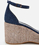 Kadın Mavi Denim Hasır Detaylı Dolgu Topuklu Sandalet