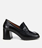 Kadın Açma Deri Siyah Topuklu Klasik Loafer