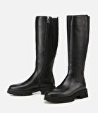 Kadın Deri Siyah Lastik Detaylı Binici Düz Çizme