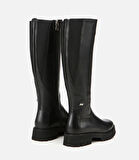 Kadın Deri Siyah Lastik Detaylı Binici Düz Çizme
