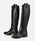 Kadın Deri Siyah Binici Uzun Düz Çizme