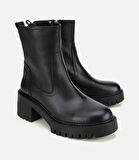 Kadın Deri Siyah Streç  Bilekte Düz Bot