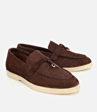 Kadın Süet Deri Kahverengi Gold Aksesuarlı Klasik Loafer