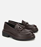 Kadın Deri Kahverengi Tokalı Yüksek Tabanlı Klasik Loafer