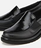 Kadın Deri Siyah Lastik Detaylı Dolgu Topuklu Günlük Loafer