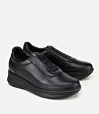 Kadın Deri Siyah Lastik Detaylı Dolgu Topuklu Günlük Loafer