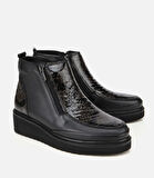 Kadın Deri Siyah Dolgu Topuklu Deri Baskılı Topuklu Bot