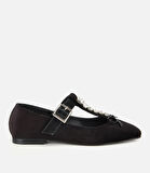 Kadın Siyah Kadife Taşlı Fiyonk Detaylı Babet