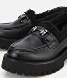 Kadın Siyah Kürklü Tokalı Kalın Tabanlı Günlük Loafer