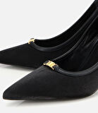 Kadın  Saten Siyah Gold Detaylı Yüksek Topuklu Stiletto