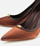 Kadın  Saten Açık Kahverengi Gold Detaylı Yüksek Topuklu Stiletto