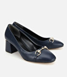 Kadın Lacivert Gold Tokalı Kalın Topuklu Ayakkabı