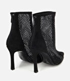 Kadın Siyah Fileli Taş Detaylı Bilekte Topuklu Bot
