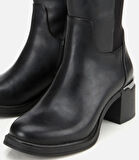 Kadın Siyah Streç Metal Detaylı Topuklu Çizme