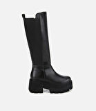 Kadın Siyah Streç Kalın Tabanlı Düz Çizme