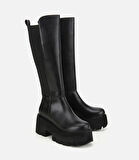 Kadın Siyah Streç Kalın Tabanlı Düz Çizme