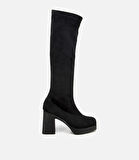 Kadın Siyah Streç Kalın Tabanlı Yüksek Topuklu Çizme