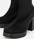 Kadın Siyah Streç Kalın Tabanlı Yüksek Topuklu Çizme