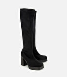 Kadın Siyah Streç Kalın Tabanlı Yüksek Topuklu Çizme