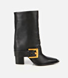 Kadın Deri Siyah Pantolon Görünümlü Gold Tokalı Kalın Topuklu Bot