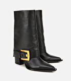 Kadın Deri Siyah Pantolon Görünümlü Gold Tokalı Kalın Topuklu Bot