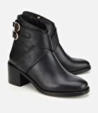 Kadın Deri Siyah Tokalı Bilekte Düz Bot